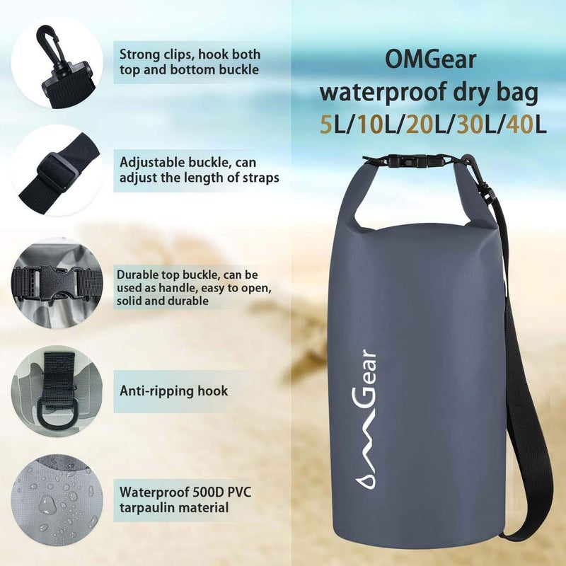 OMGear Waterproof Dry Bag Backpack Waterproof Phone Pouch 40L/30L/20L/10L/5L Floating Dry Sack for Kayaking Boating Sailing Canoeing Rafting Hiking Camping Outdoors Activities(Grey,20L) - Image 3